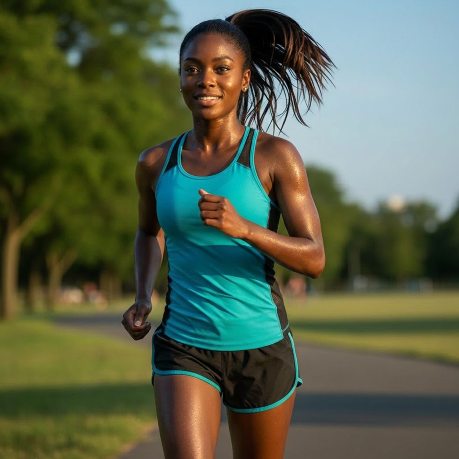 Woman running outdoors in teal athletic wear
